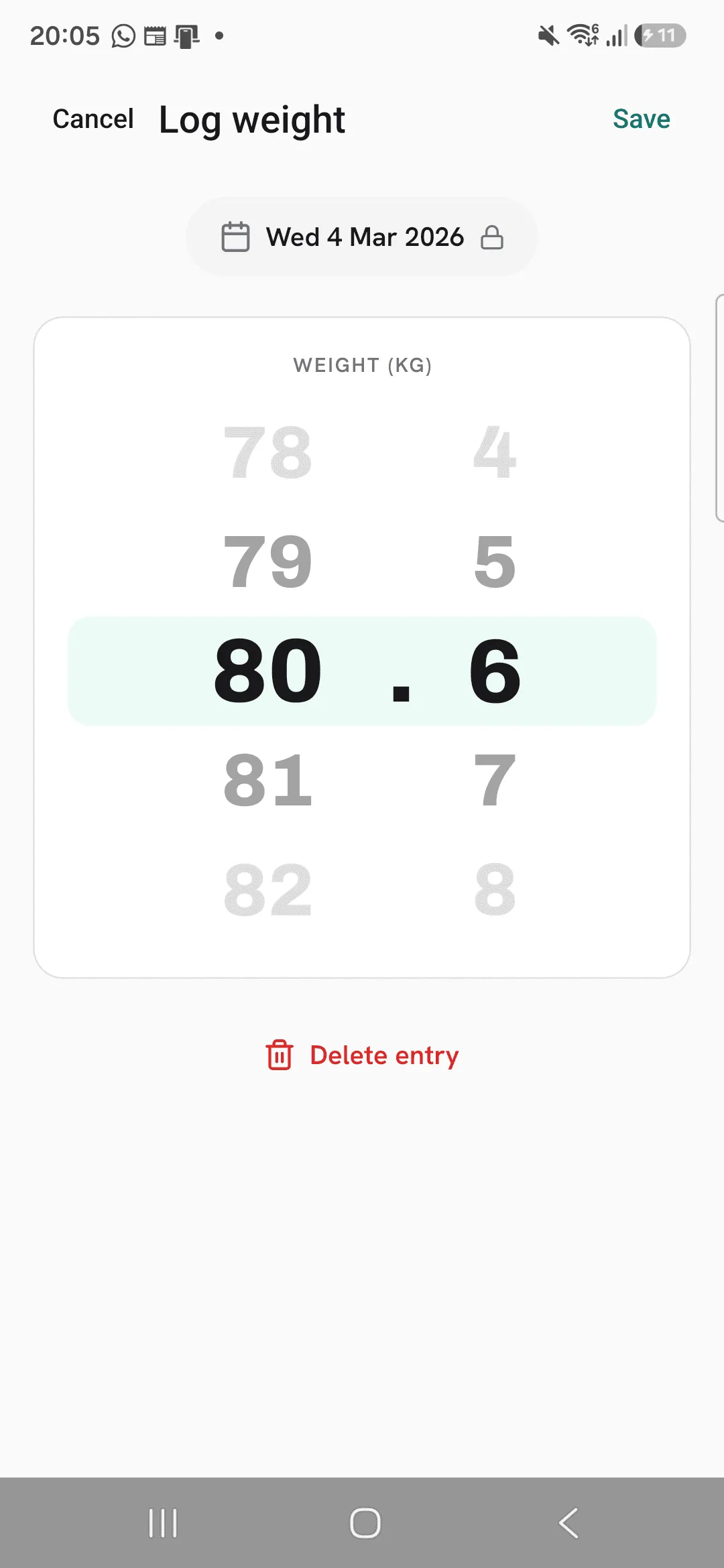 An entry opened from the Week list: Log weight with the date locked to Wed 4 Mar 2026, the wheel at 80.6 kg and a Delete entry button.