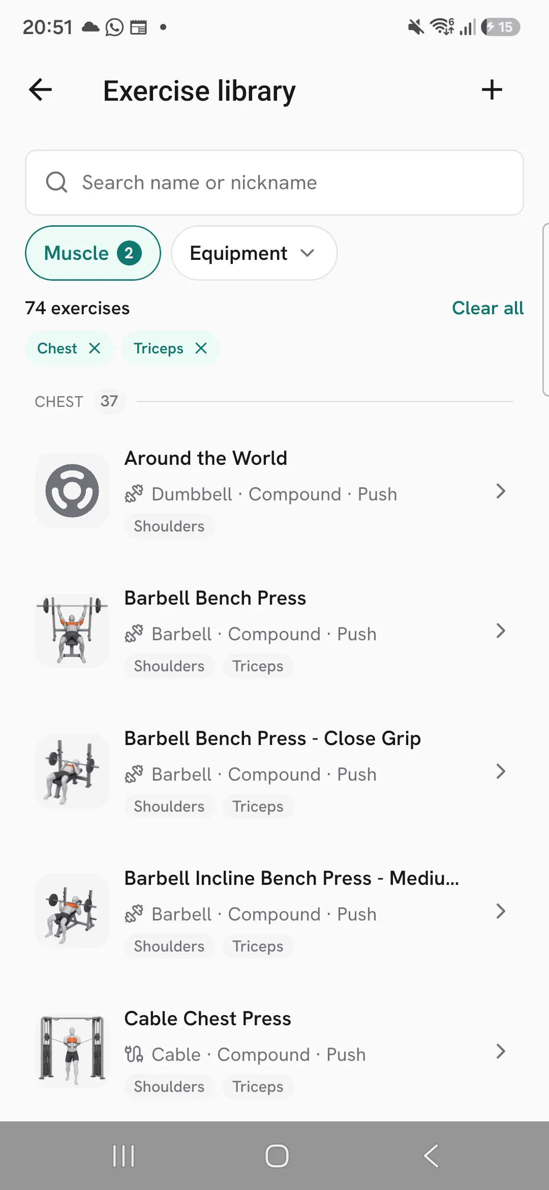 The library filtered to 74 exercises, with Chest and Triceps chips and Clear all above the Chest group.