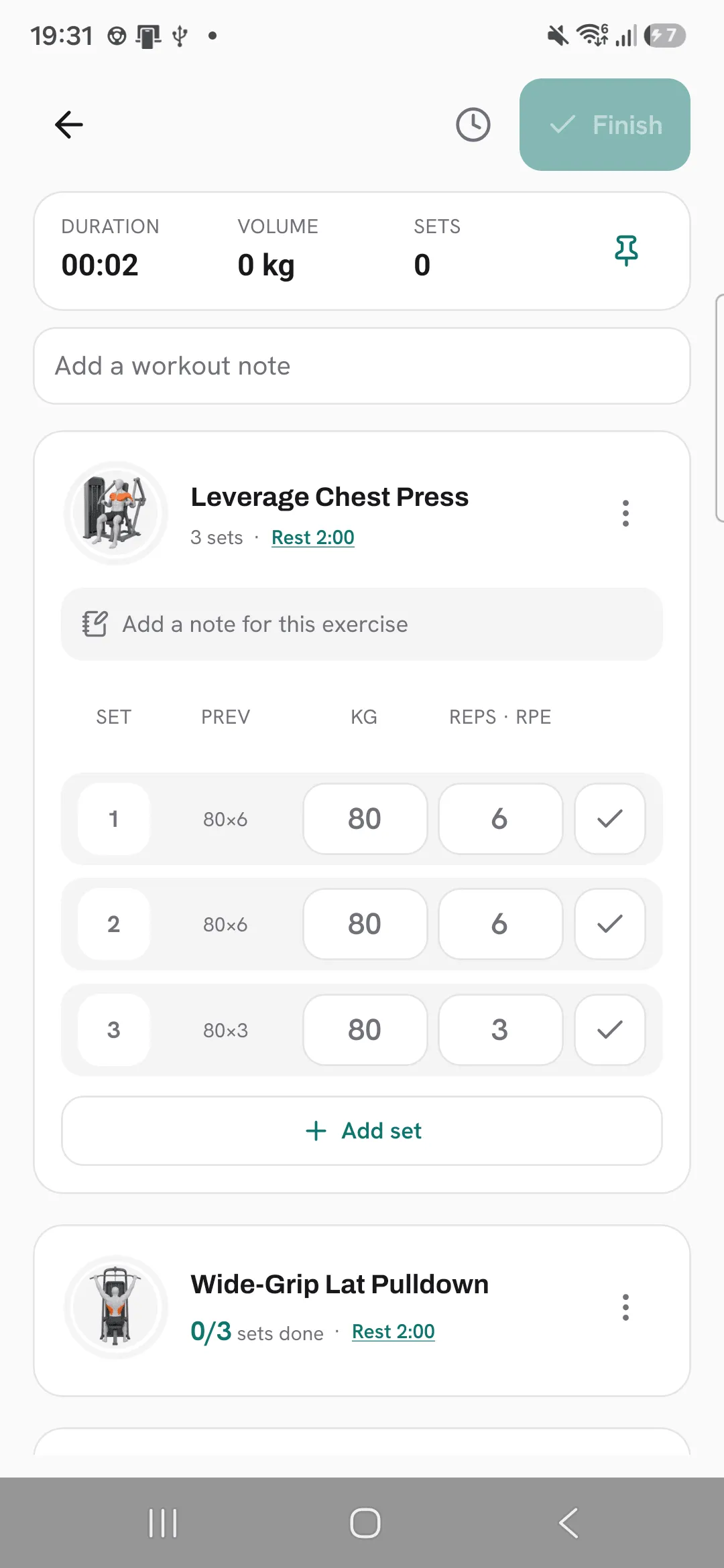 The first set of Leverage Chest Press with last time’s 80×6 in the Prev column and 80 kg and 6 reps suggested; the reps field is ready to tap.