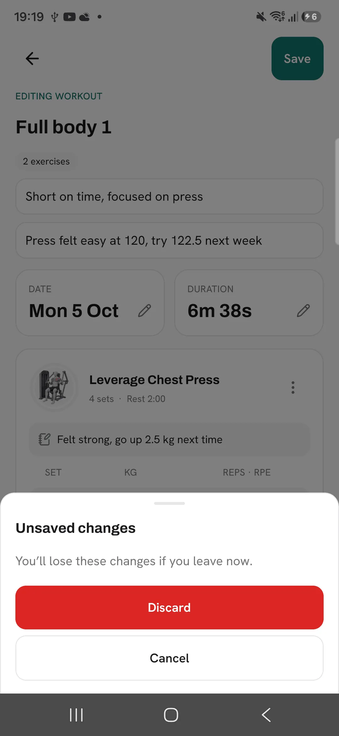 The Unsaved changes sheet with Discard and Cancel.