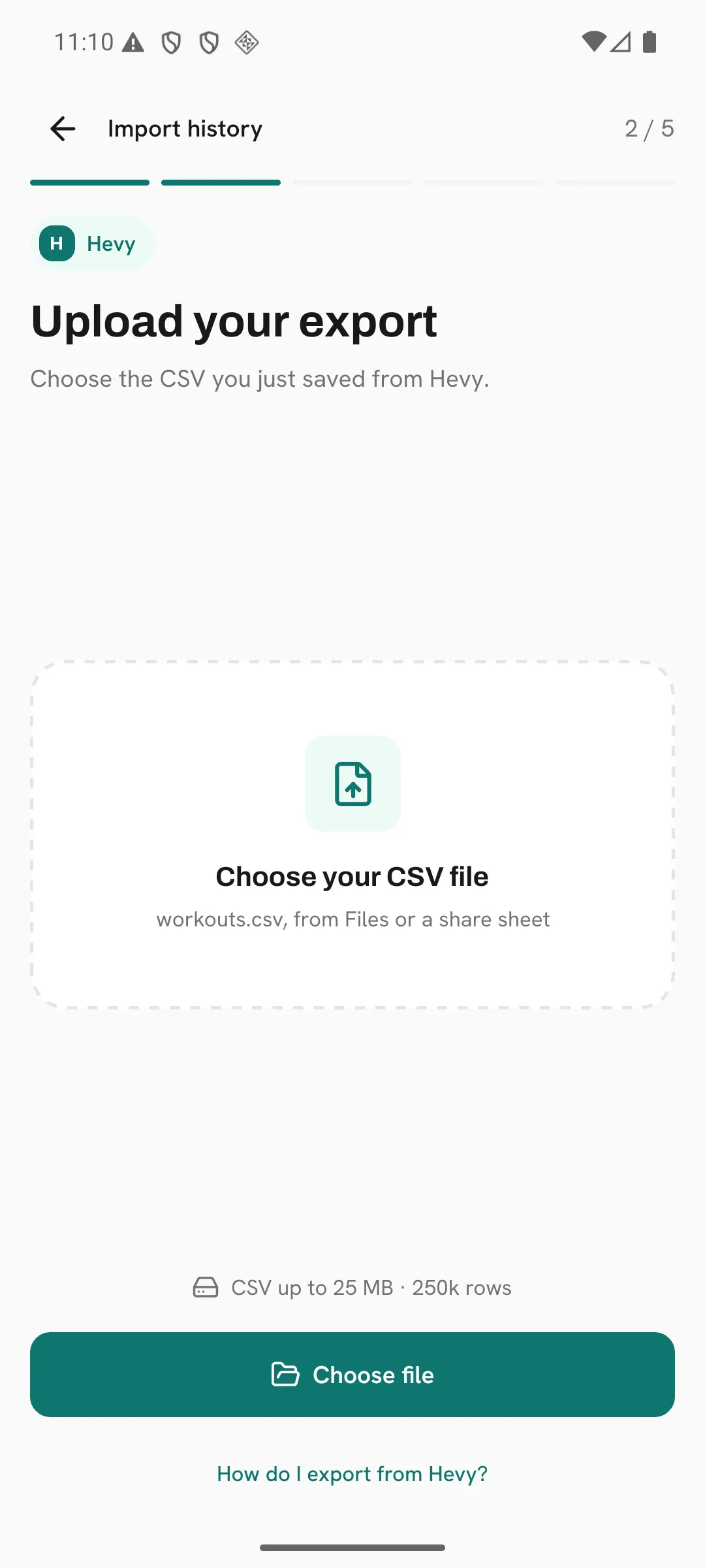 Step 2 of 5: Upload your export, with a Choose file button for the CSV from Hevy.