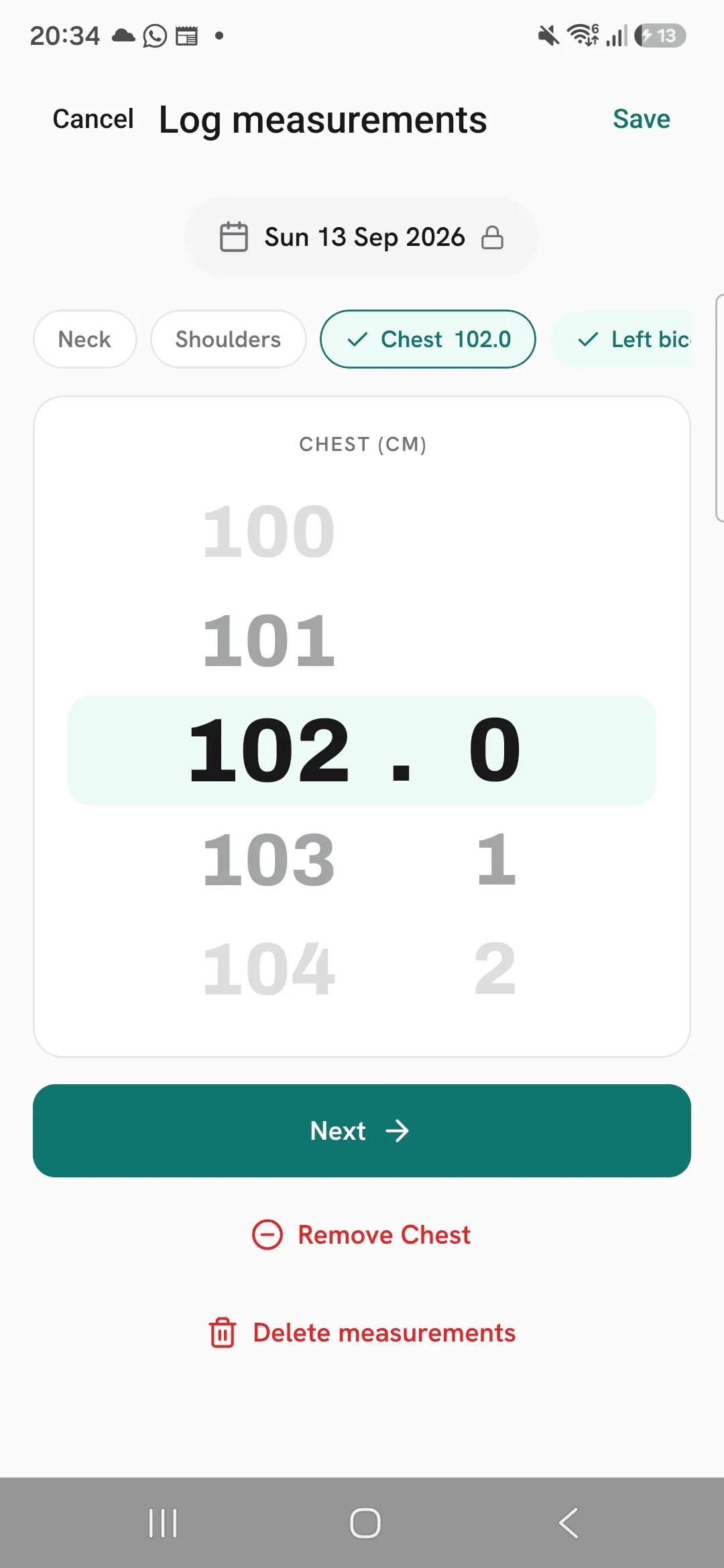 A day opened from the Week list: Log measurements with the date locked to Sun 13 Sep 2026, Chest at 102.0 cm, and the Remove Chest and Delete measurements buttons.