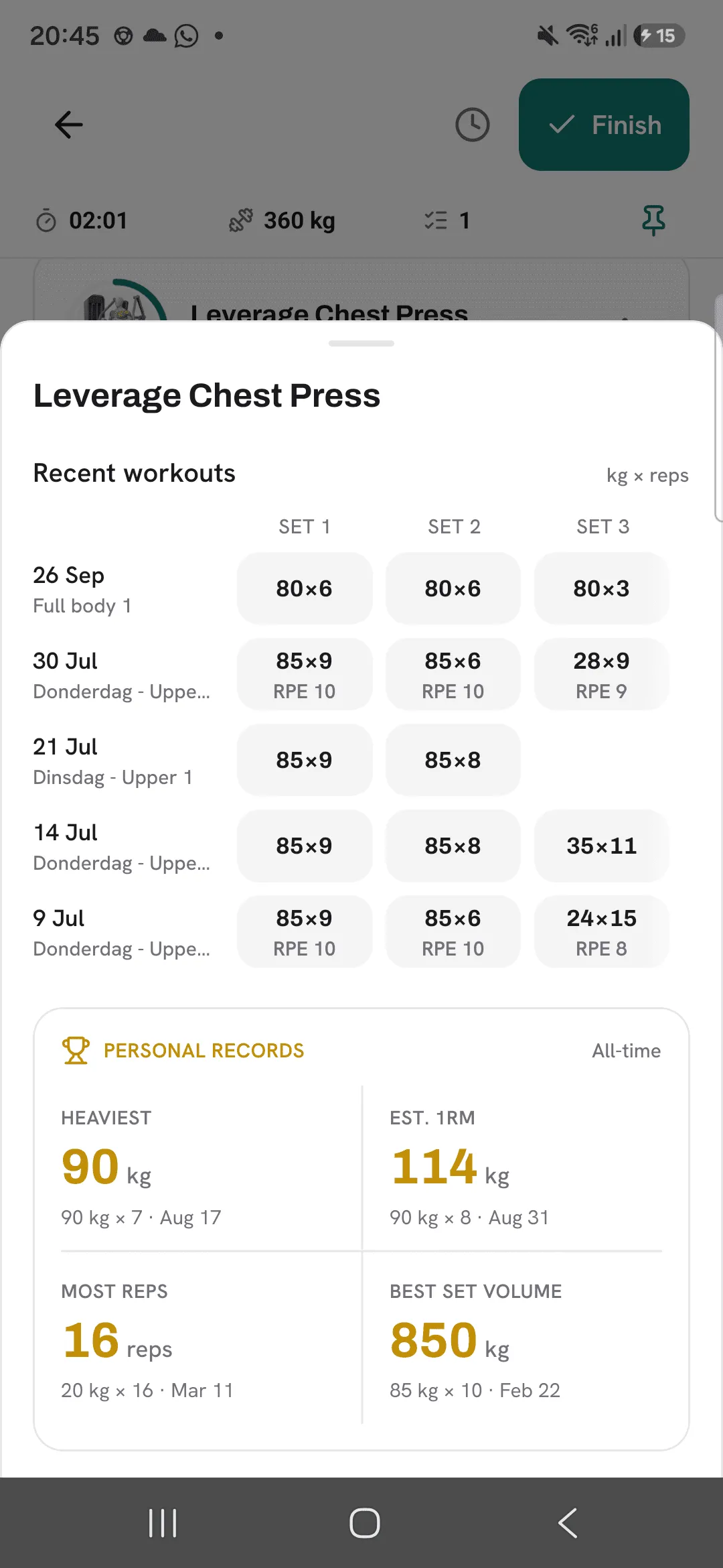 The sheet that opens from a set's previous values: the exercise's Recent workouts, then its all-time personal records, Heaviest, Est. 1RM, Most reps and Best set volume.