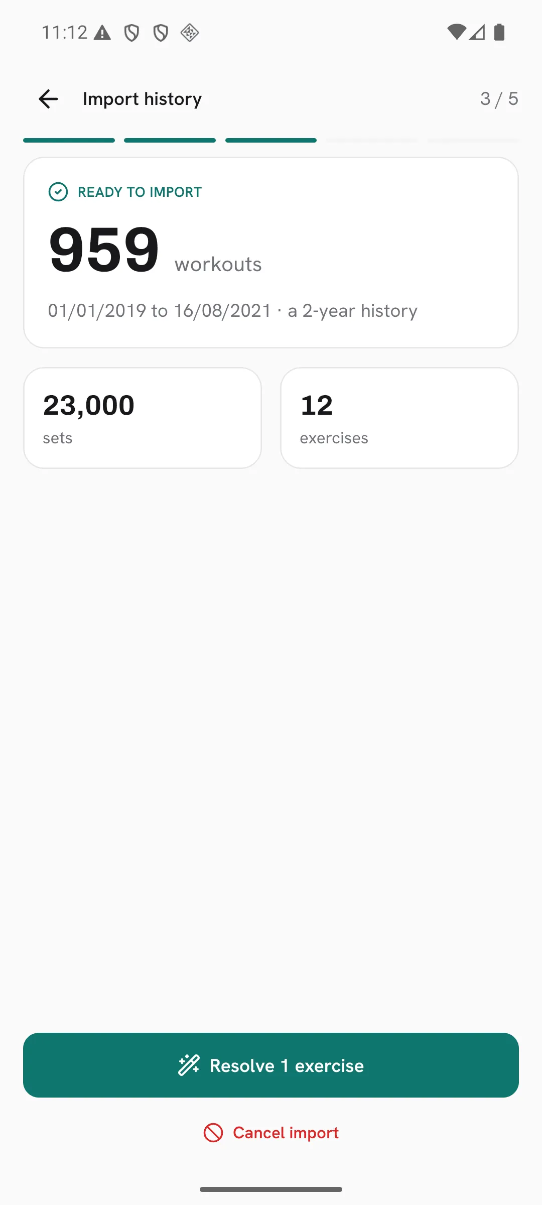 Step 3 of 5: the import preview, ready to import 959 workouts from 01/01/2019 to 16/08/2021, with 23,000 sets and 12 exercises.