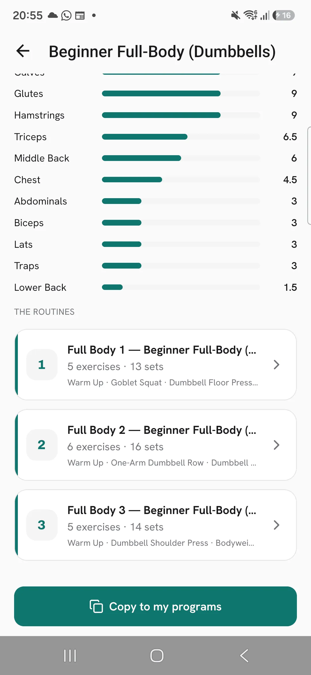 The routines of Beginner Full-Body (Dumbbells) in order, numbered 1 to 3, with Copy to my programs at the bottom.