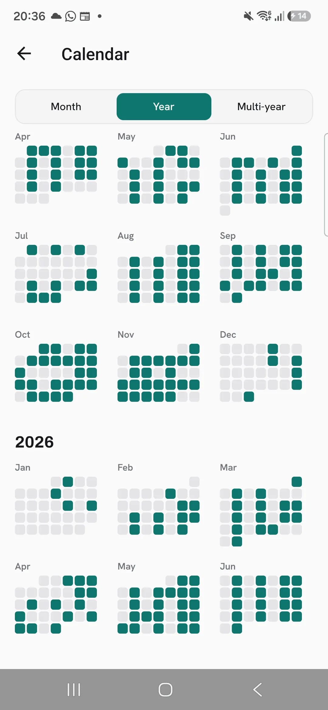 The Calendar on Year: a small grid per month with each trained day filled in.