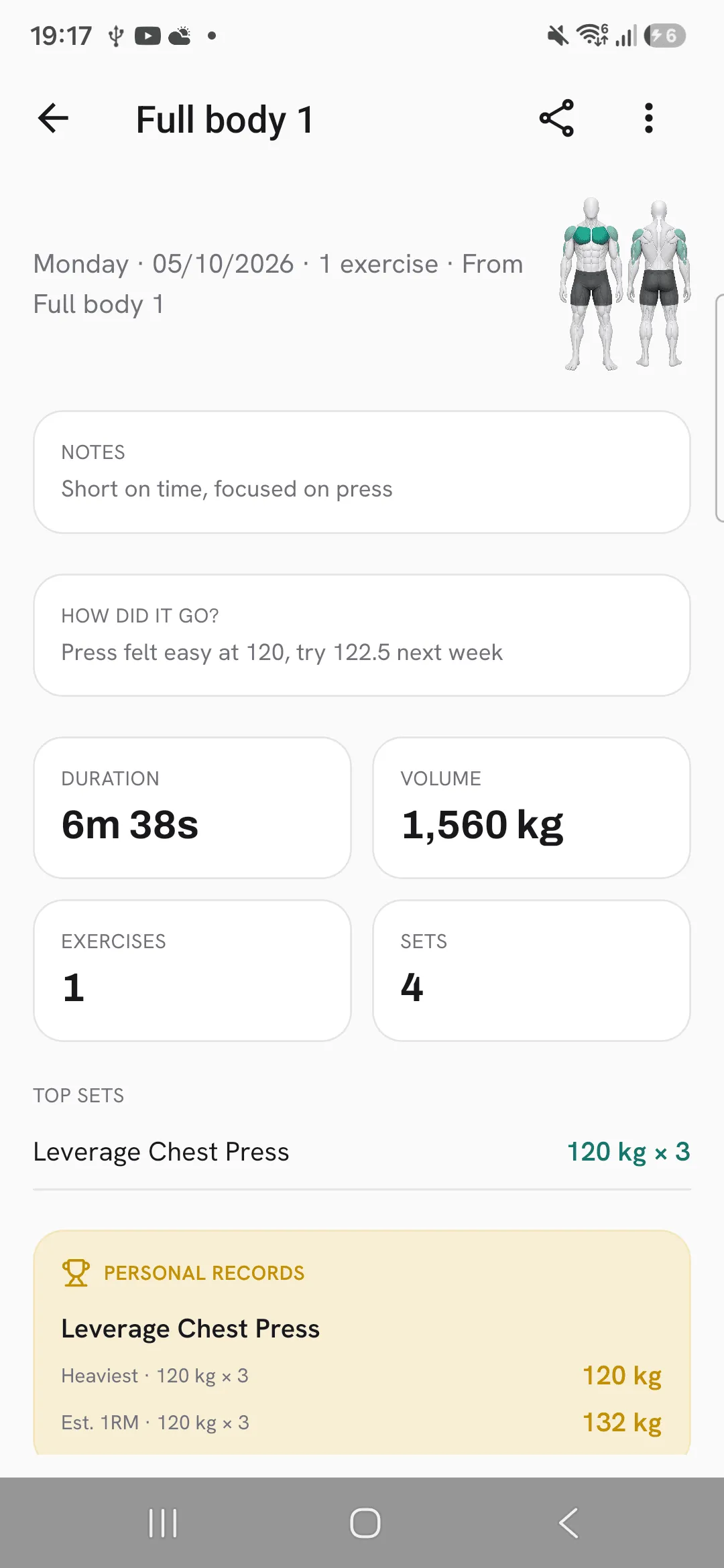 A finished workout with its Notes card and How did it go? above the totals.