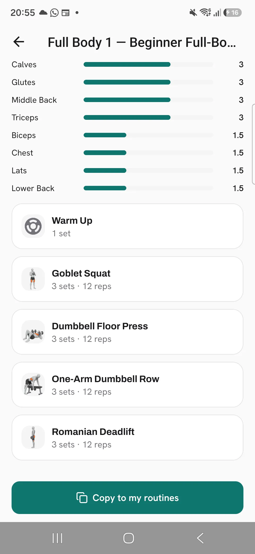 A library routine's exercises, Warm Up, Goblet Squat, Dumbbell Floor Press, One-Arm Dumbbell Row and Romanian Deadlift, each with its sets and reps.
