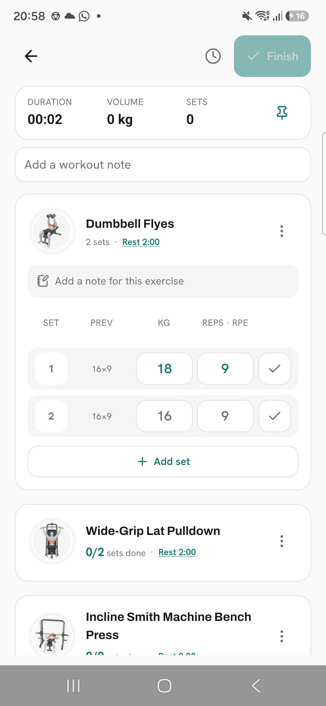 A workout started from Upper 3, with Dumbbell Flyes set 1 showing the target 18 kg for 9 reps in the accent colour and set 2 showing the usual 16 kg for 9.
