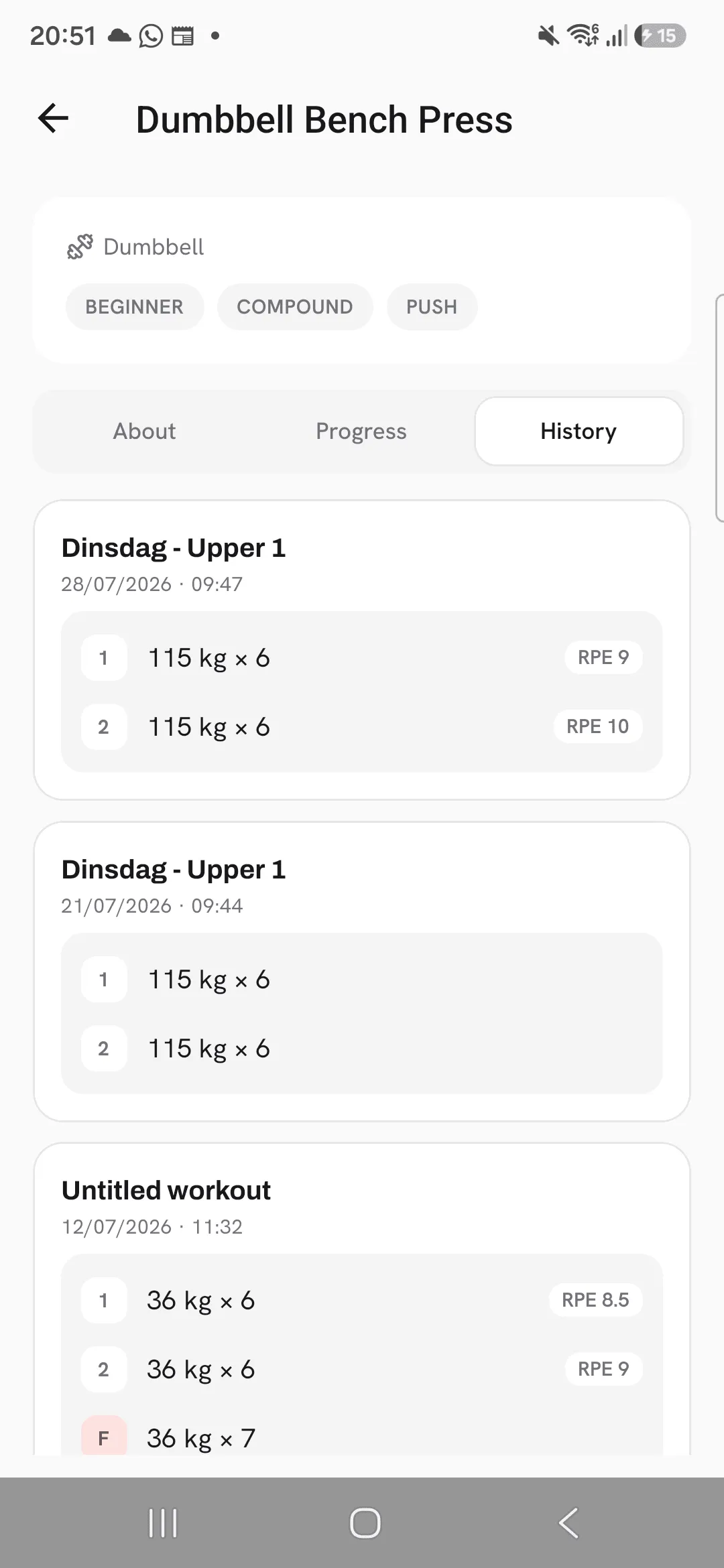 The History tab of Dumbbell Bench Press with the newest workouts first and the sets logged in each.