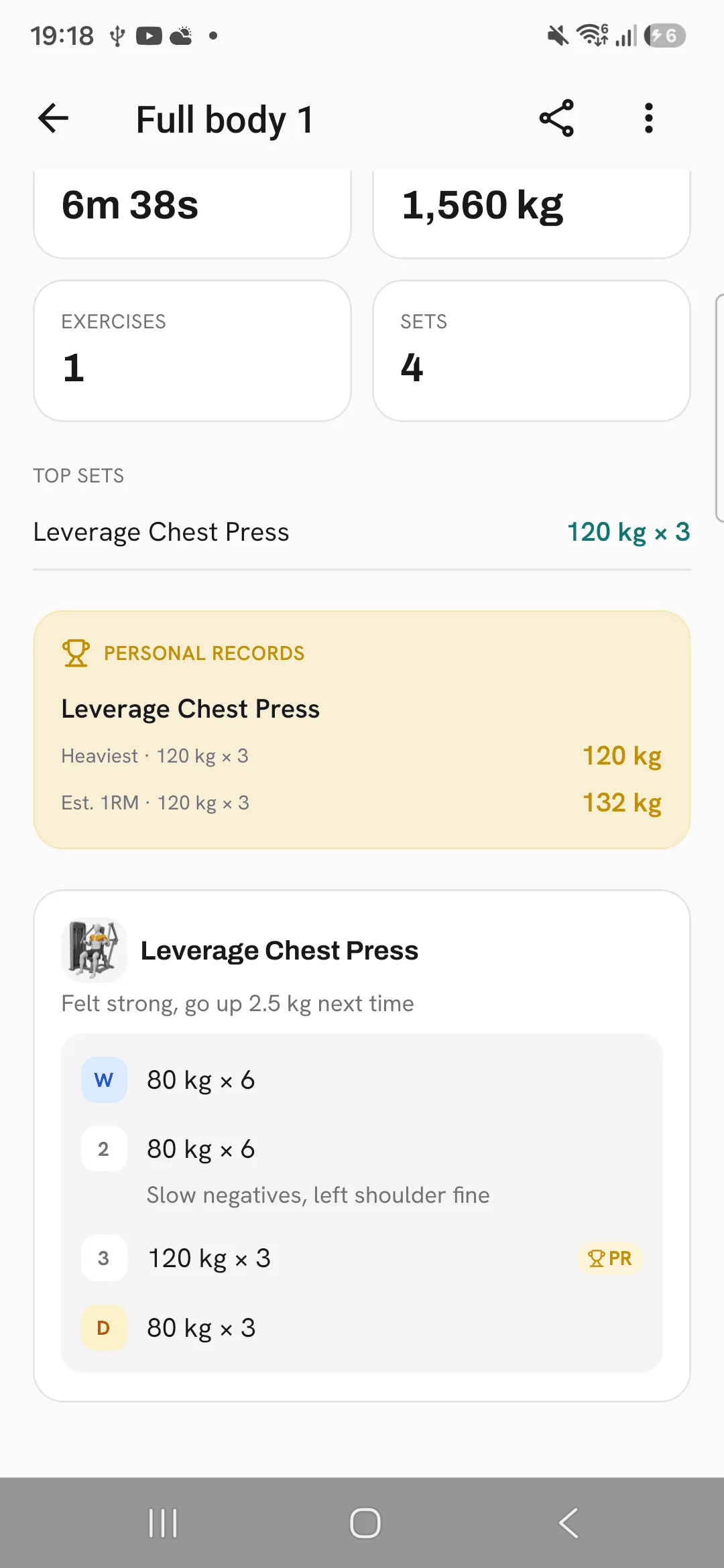 The finished workout's Leverage Chest Press with its exercise note under the name and a set note under the second set.