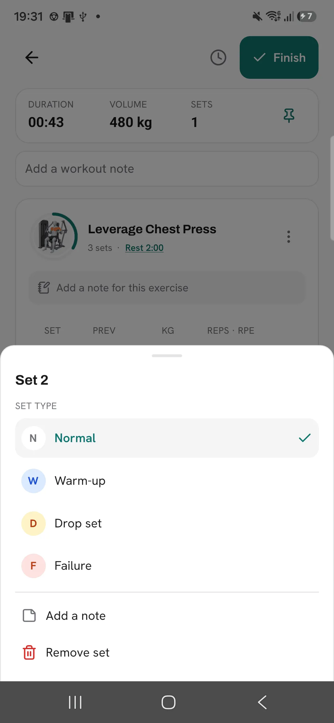 The set menu for set 2 with Normal, Warm-up, Drop set and Failure, plus Add a note and Remove set.