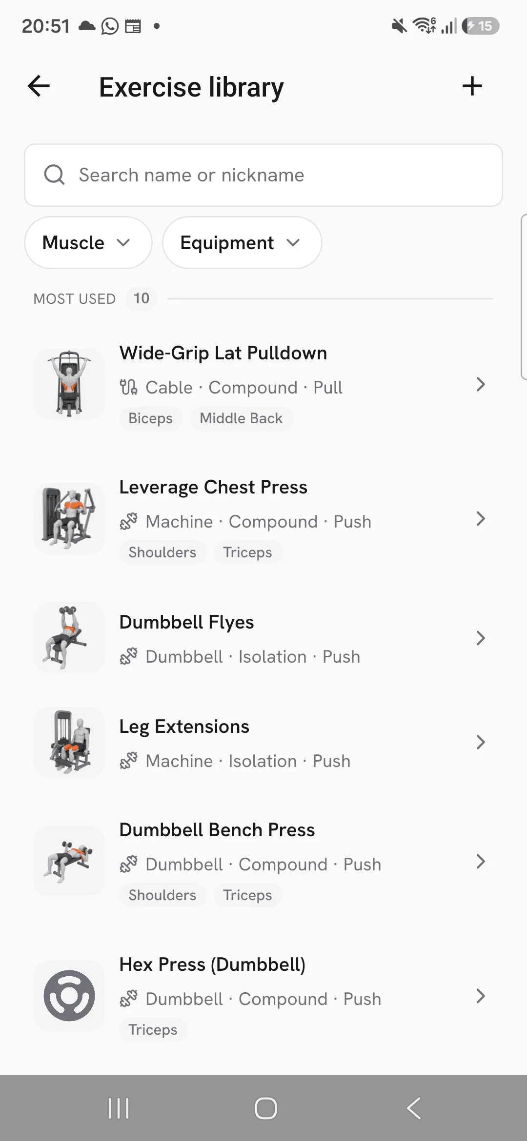 The Exercise library with the + button at the top right.