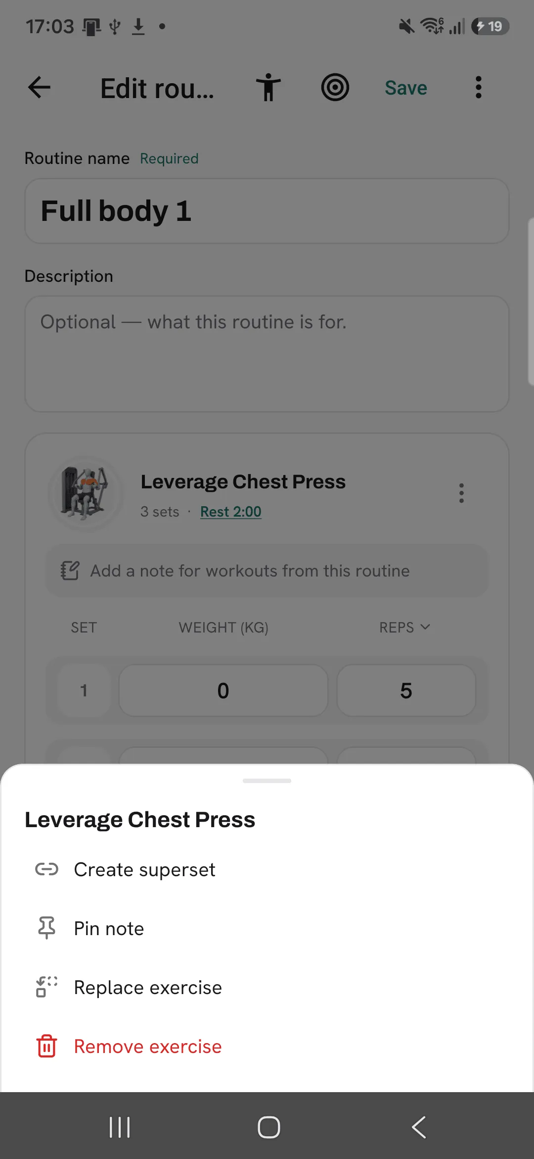 The exercise menu in the routine editor with Create superset at the top.