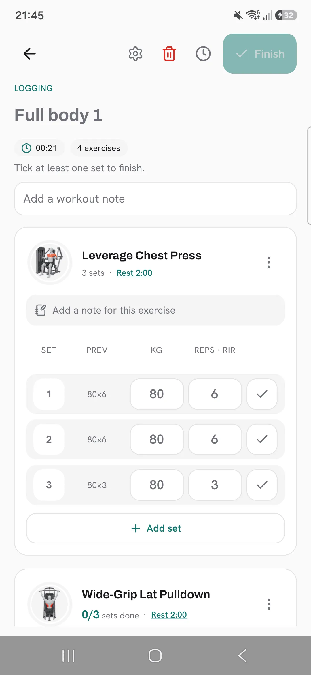 An exercise card in an active workout with its Rest 2:00 link under the exercise name.
