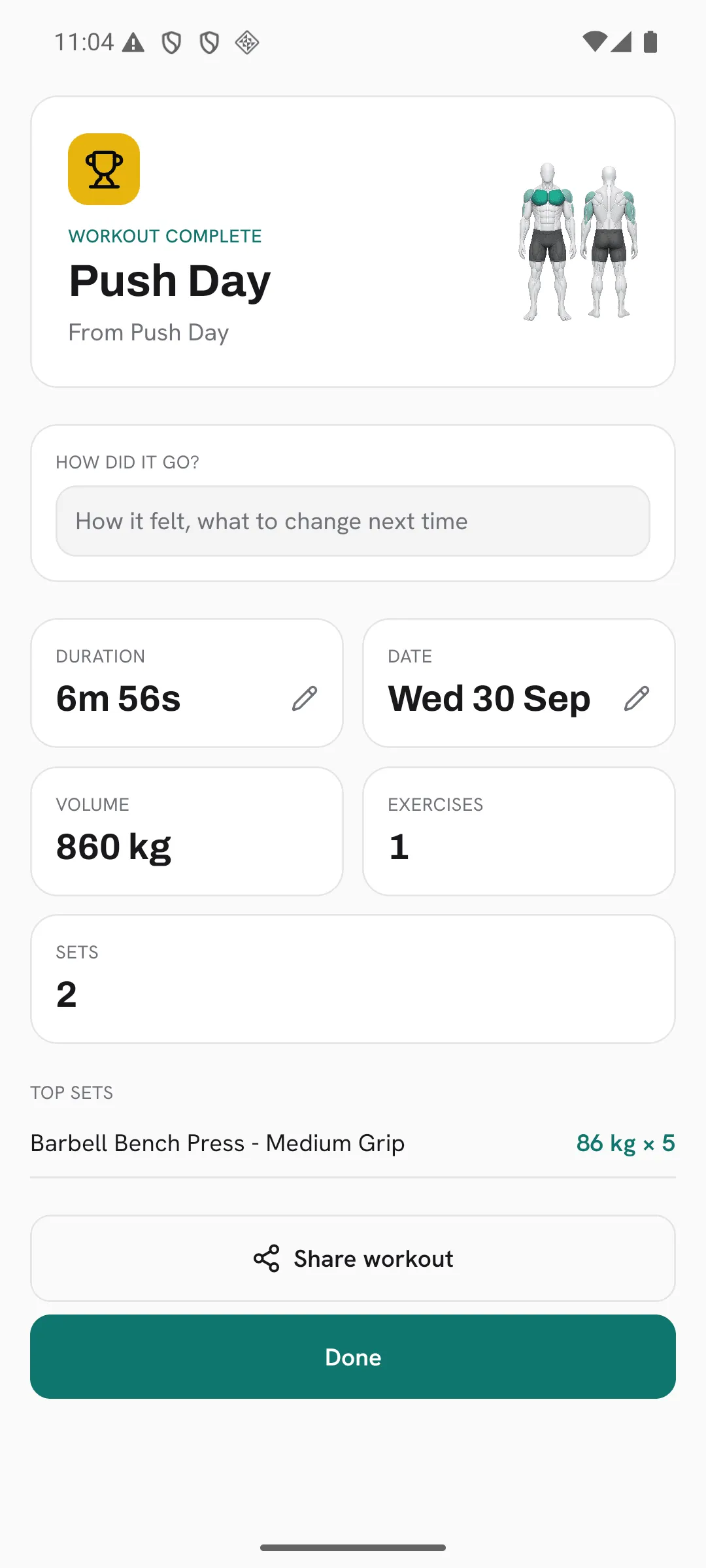 The summary after finishing a Push Day workout, with a small front and back muscle figure shading the chest, shoulders and triceps it trained.