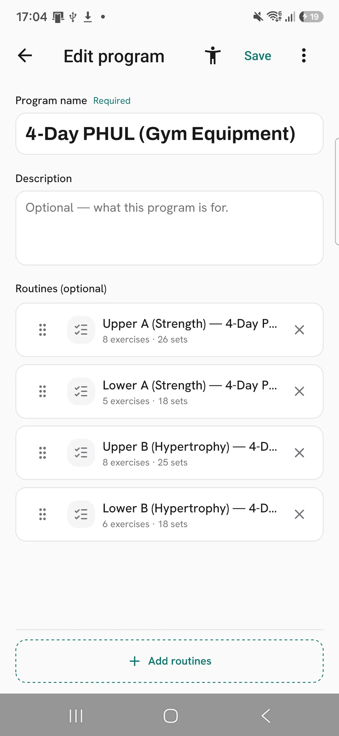 The program edit screen for a four-routine program, with the muscle map icon in its header.