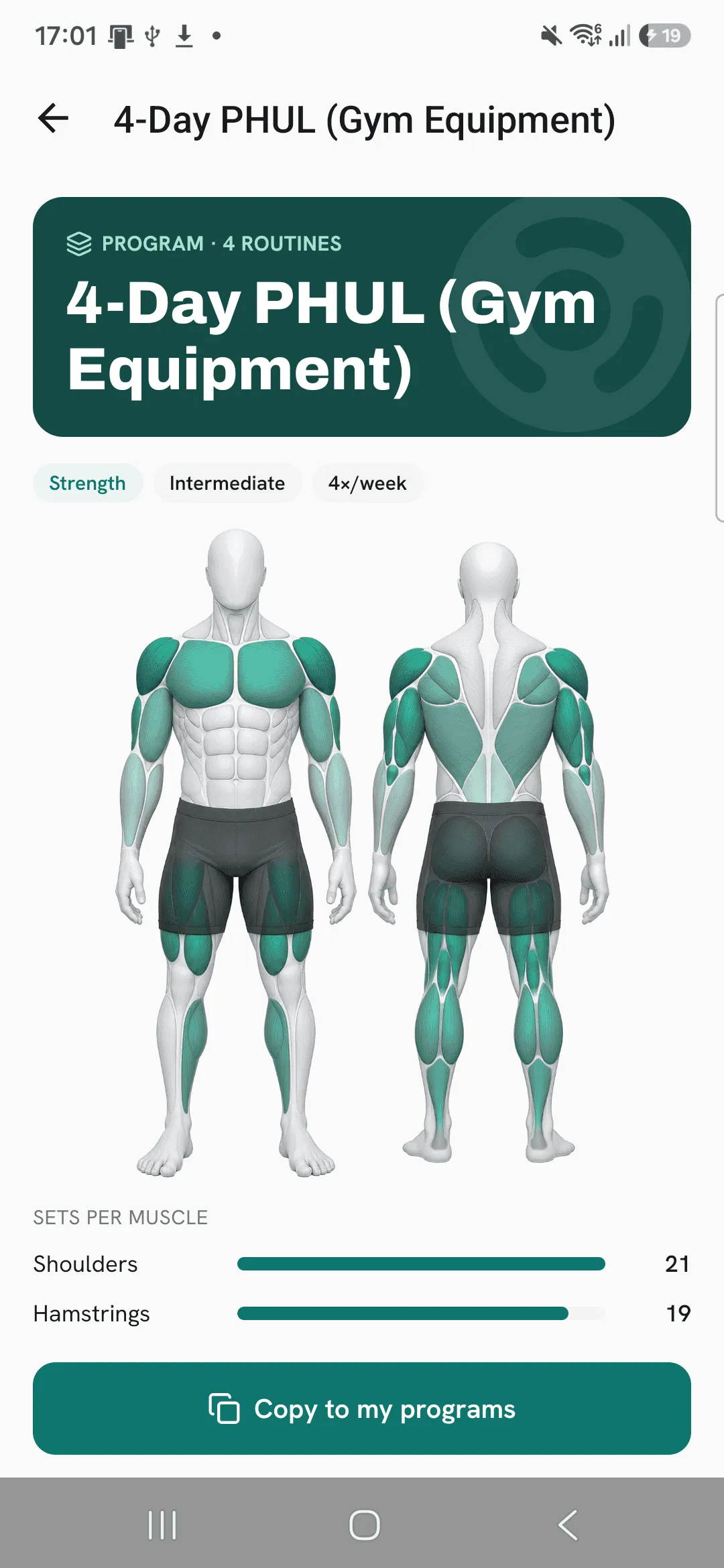 A ready-made program from the Overlood library, with its muscle map and a Copy to my programs button.