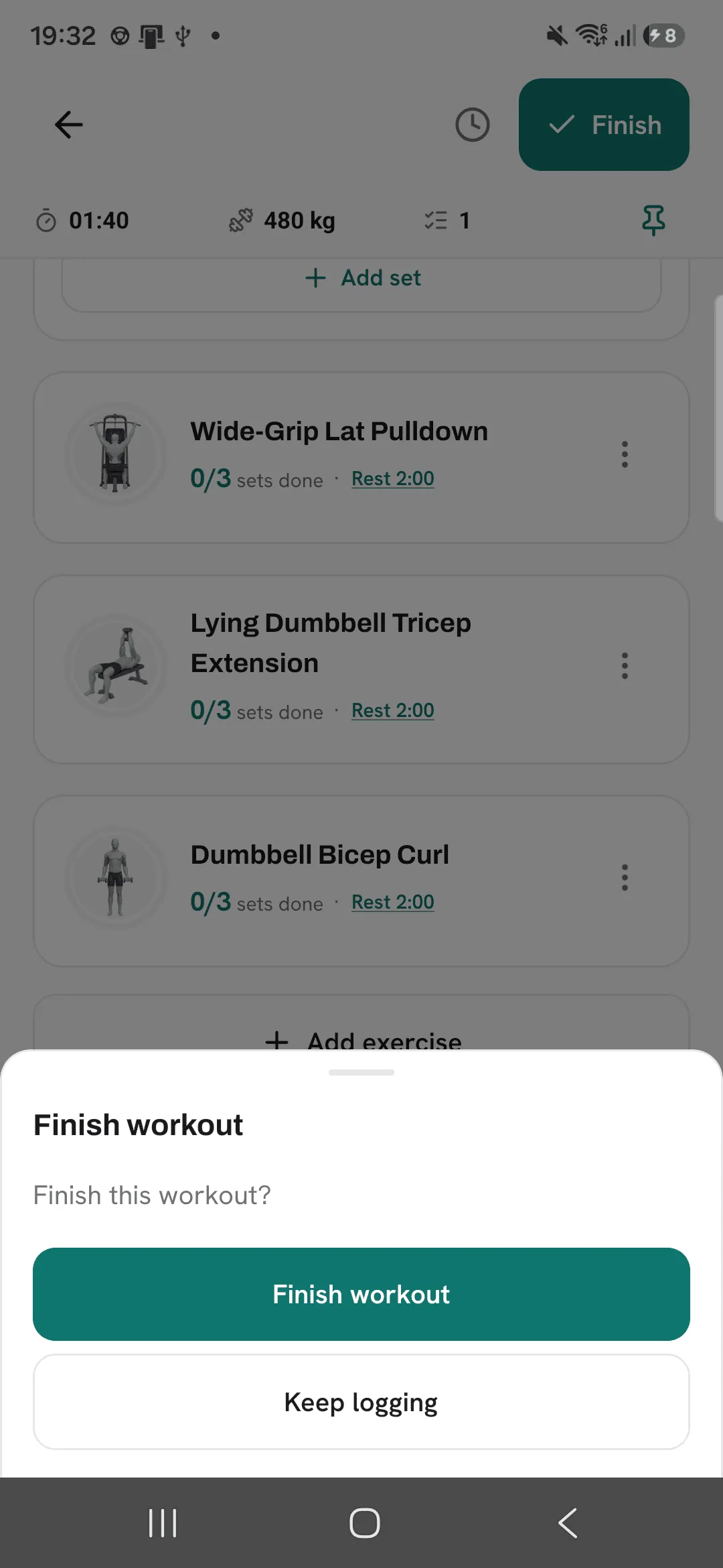 The Finish workout sheet asking Finish this workout?, with Finish workout and Keep logging buttons.