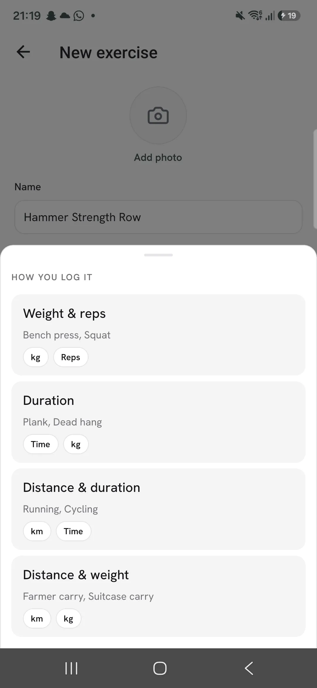 The How you log it sheet with Weight & reps, Duration, Distance & duration and Distance & weight.