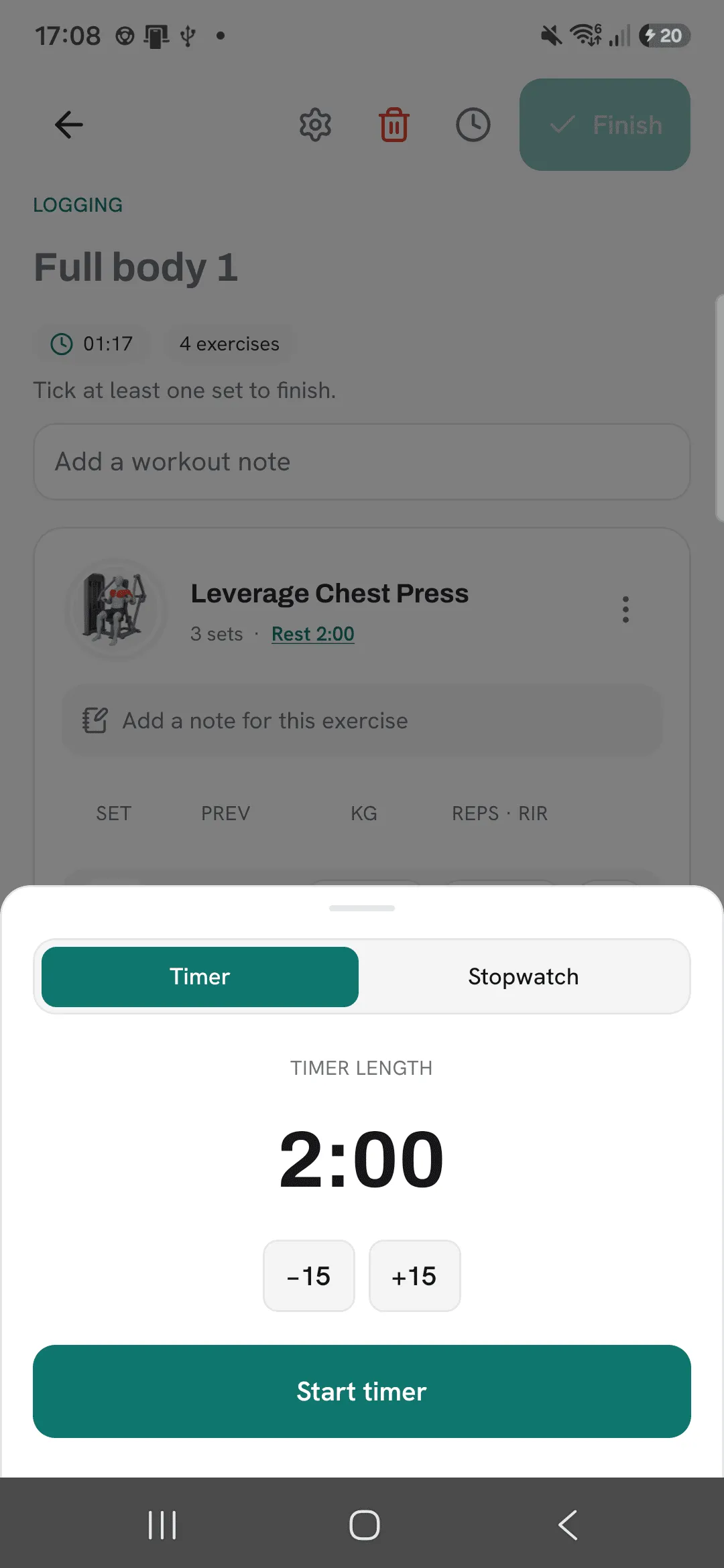 The Timer and Stopwatch sheet with a 2:00 timer, −15 and +15, and Start timer.