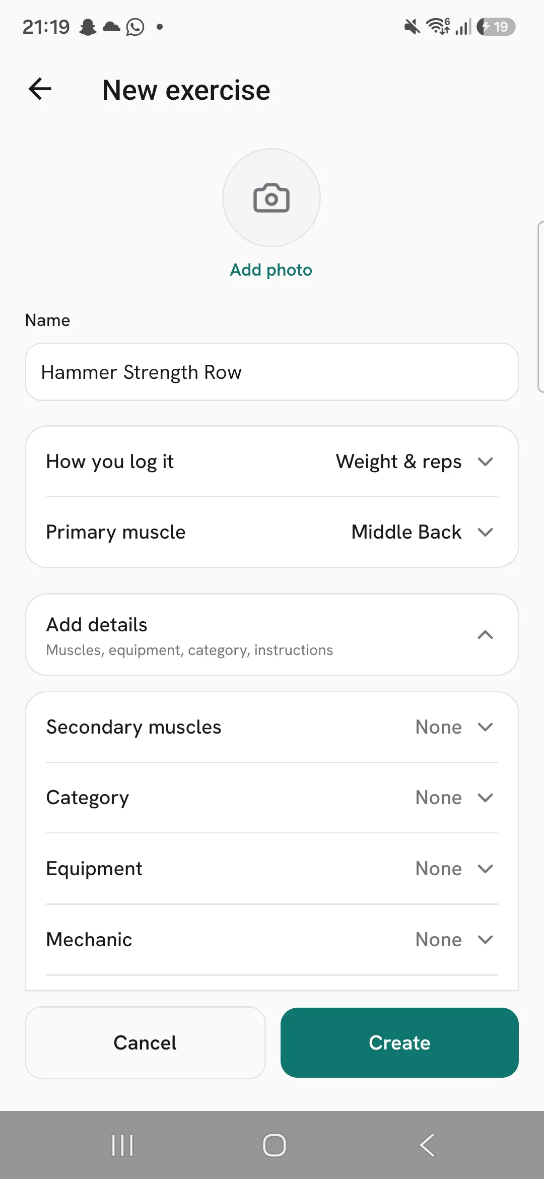 Add details opened on the New exercise form, with Secondary muscles, Category, Equipment and Mechanic all set to None.