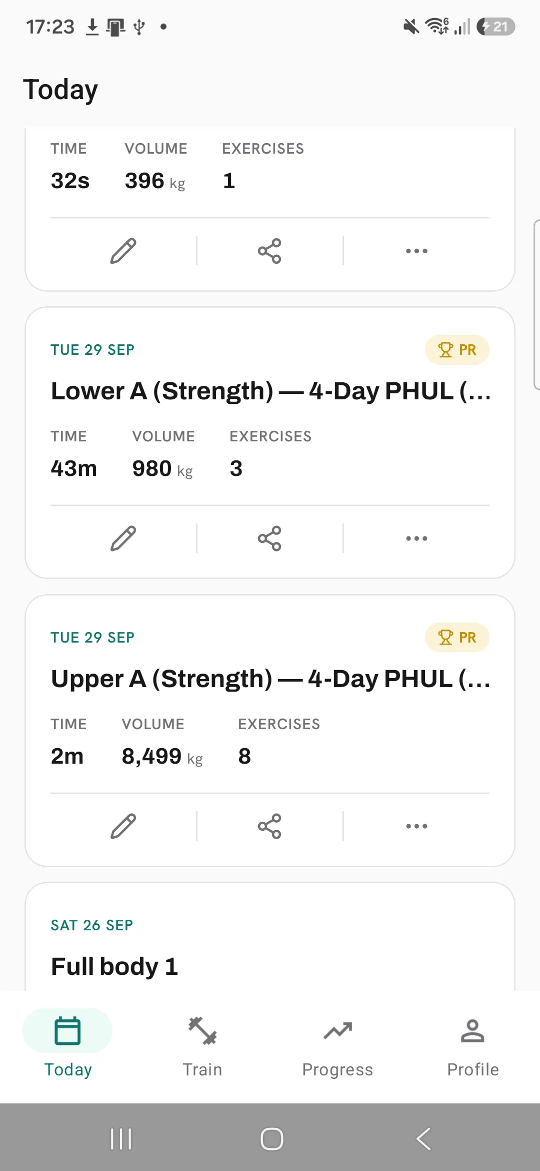 Recent workouts on Today, with a workout card showing its PR tag, time, volume and exercise count, and the pencil that edits it beside Share and more actions.