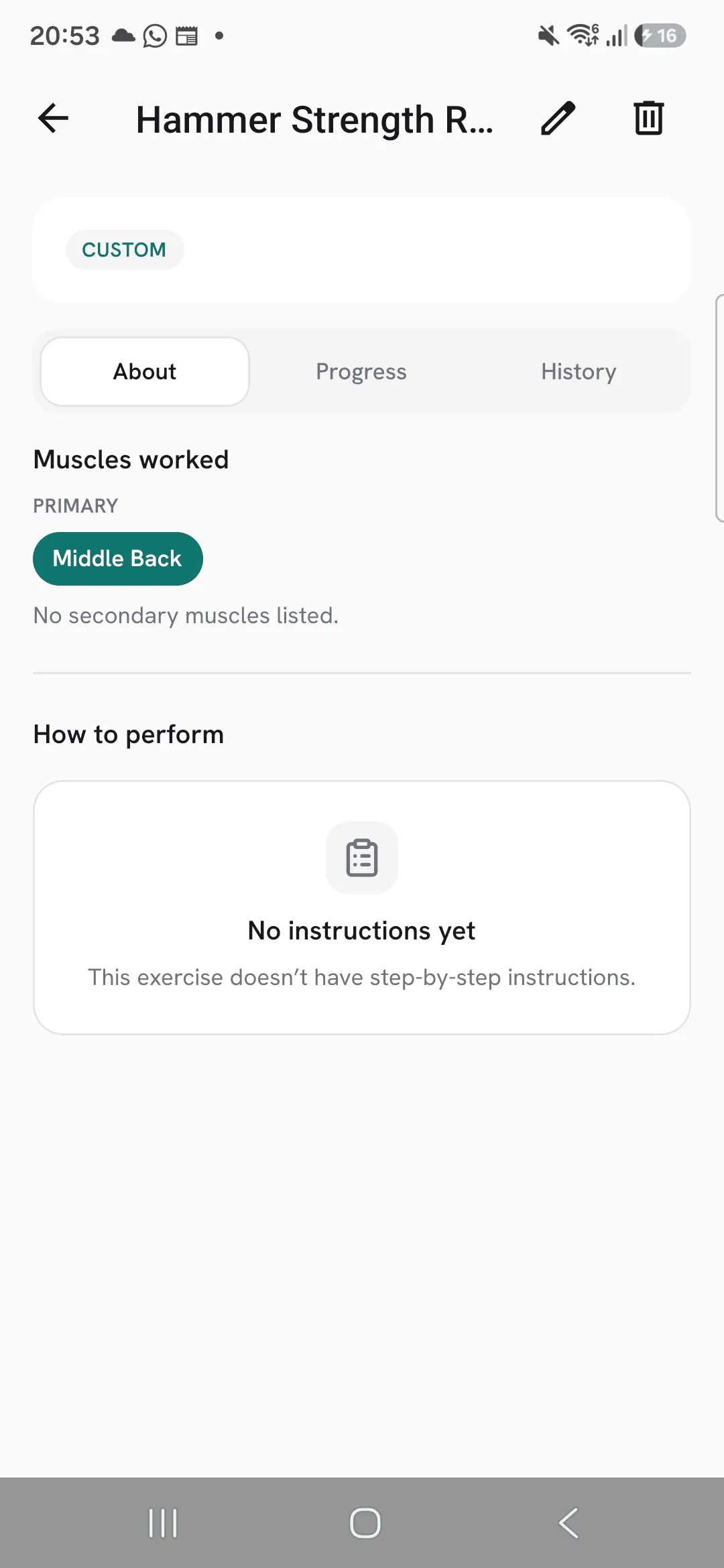 The page of the custom exercise Hammer Strength Row, tagged Custom, with the edit and delete buttons at the top right.