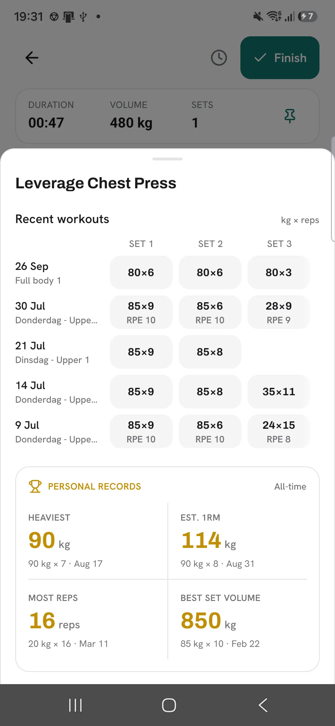 The sheet that opens from a Prev value: Recent workouts for Leverage Chest Press, each date and workout name with its sets as a grid of kg × reps and RPE, above the exercise’s all-time personal records.