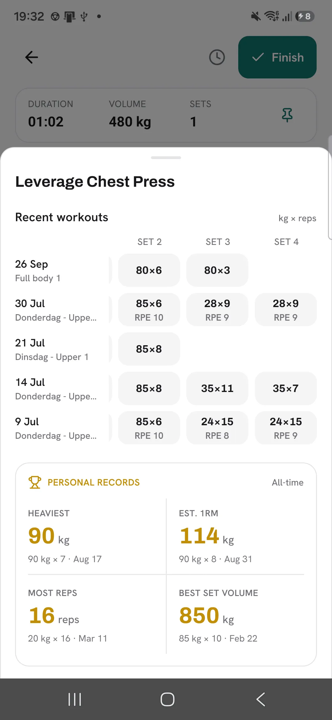 The Recent workouts grid swiped sideways to show sets 2 to 4, with each workout’s date and name staying in place.